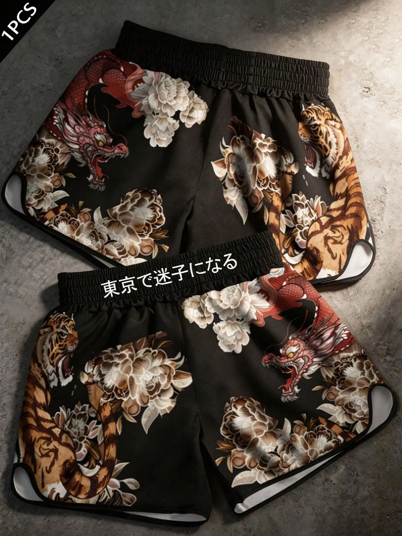 Men's Summer Breathable Casual Gym Shorts, Japanese Style Cherry Blossom Dragon Print Mesh Short Pants, Fitted All over Print Design
