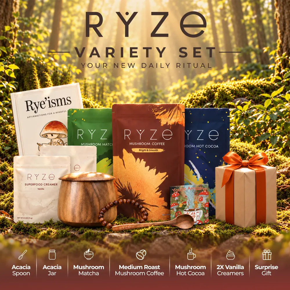 RYZE The Variety Set | Mushroom Coffee, Matcha Kit Set, Hot Cocoa Starter Kit with Creamer & Accessories + Surprise Gift!