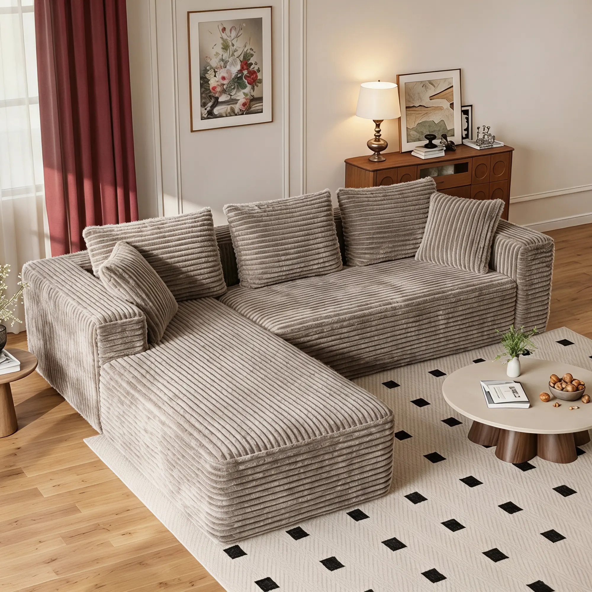 ModernHub 106" L-Shaped Modular Indoor Sofa - Plush Corduroy Cloud Couch, Boneless Design with Fixed Arms, Deep Seat Comfy Set for Living Room, Camel
