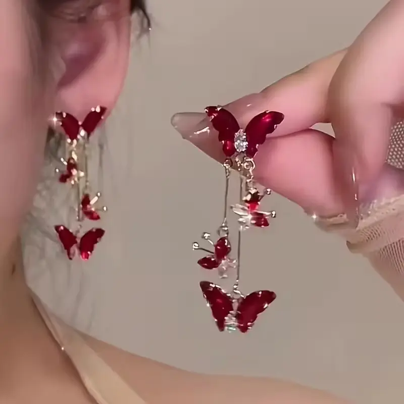 Women's Elegant Statement Drops, Set of 2 Red Rhinestone Butterfly Tassels with Long Fringe - Trendy Fashionable Accessories, Bling Effect, Sparkling Ear Jewelry, Set Of Two