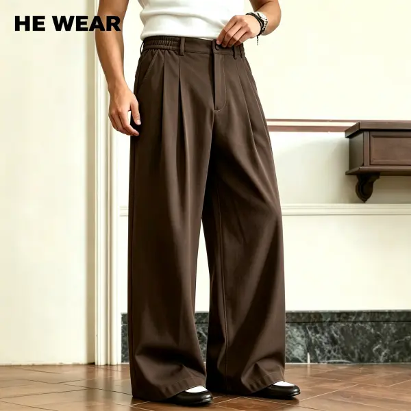 Men's Stylish Wide-Leg Suit Pants, Pleated Casual Chic Polyester Trousers with High Elastic Waist for Office & Streetwear, Menswear, Clothes, Mid Waist, Pleated Legs, Dry Clean Men's Pants, Easy On & Off Men's Pants