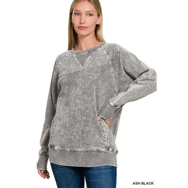 Zenana Acid Washed French Terry Round Neck Pullover