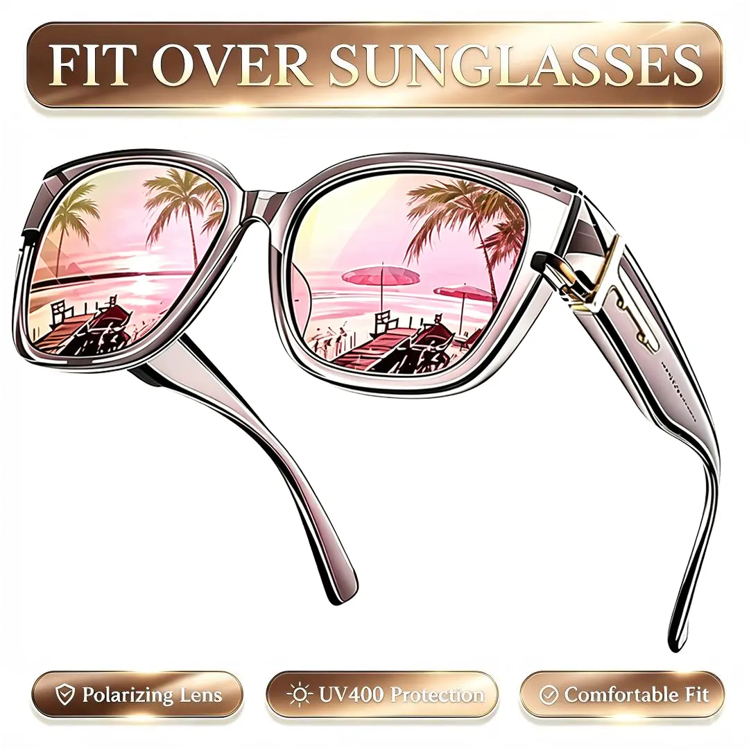Oversized Polarized Sunglasses for Glasses Wearers-Women's Fit Over Prescription Sun Glasses-Square Full Rim Plastic Frames Mirrored Polarized , UV400 Protection, Trendy Sunglasses, Unisex Fashion Accessory for Summer Wins,Women's Sunglasses