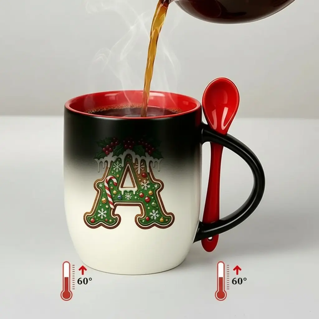 1pc Christmas-Themed Initial Alphabet Heat-Sensitive Color Changing Ceramic Mug with Red Spoon, Magic Personalized Holiday Gift Cup, Add Hot Water to Reveal Festive Decorated Letter, Perfect for Family & Friends, 11oz 330ml