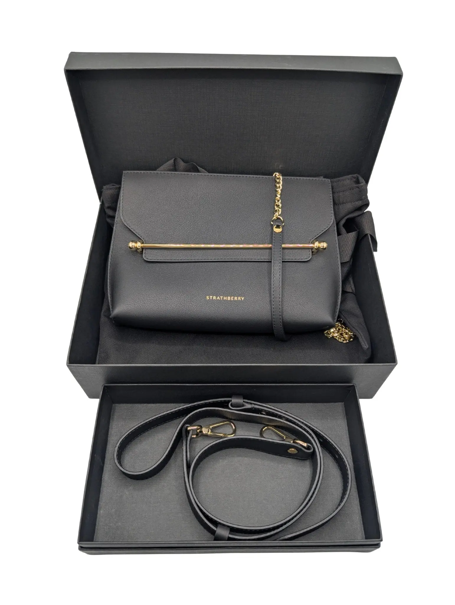 1201819 Strathberry Stylist Bar Black Leather Clutch Chain Crossbody