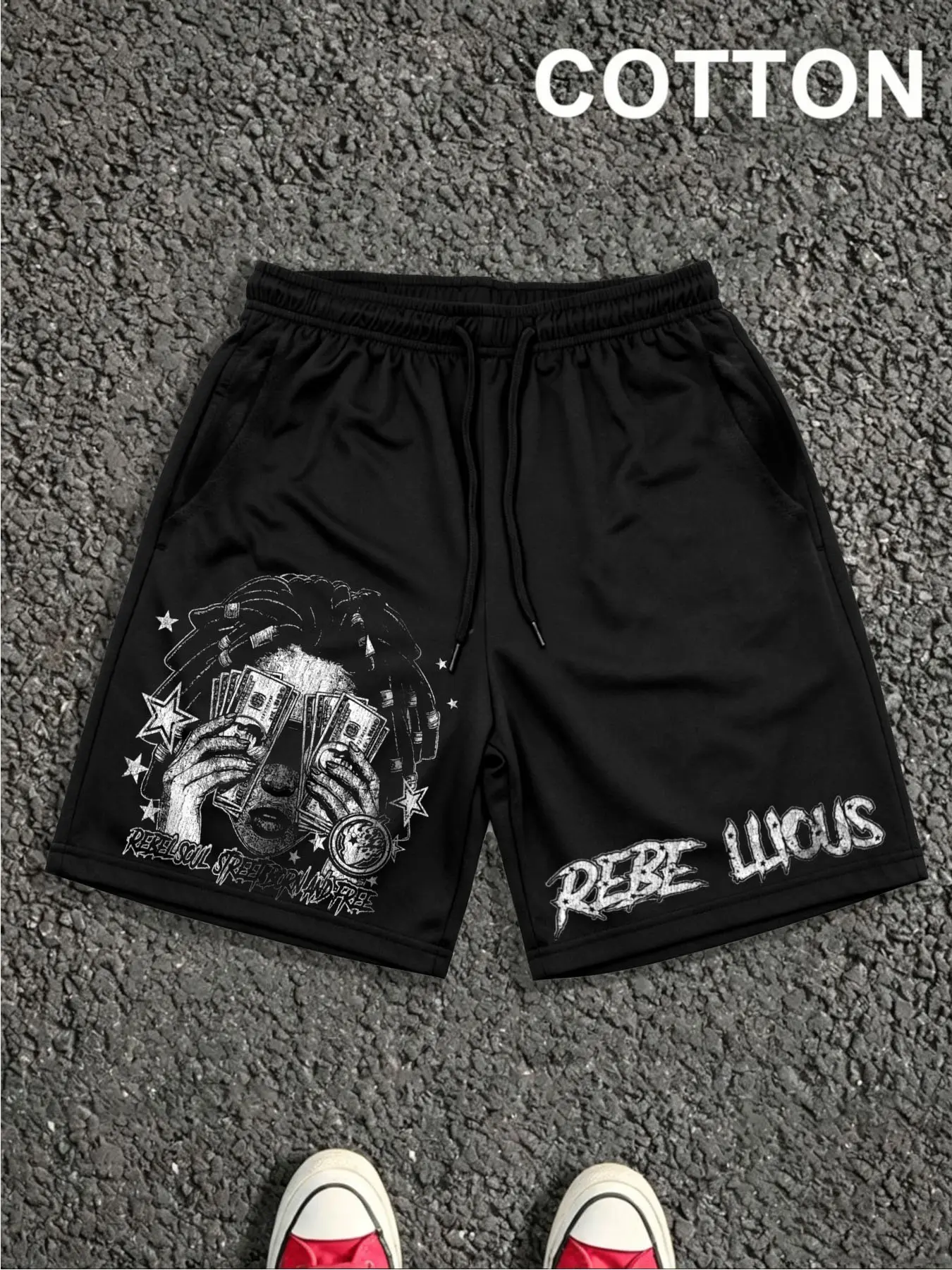 1 PCS Rebellious Dreadlock Man Cash Money Star Grunge Distressed Graphic Print, Vintage Hip Hop Streetwear Athletic Bottoms, Soft Breathable Unisex Shorts For Rap Fans Summer Skate Daily Outfit