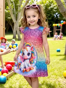 Young Girls Casual Cartoon Unicorn Print Dress, Full Sleeve Flying Sleeves, Comfortable and Stylish, Perfect for Daily Wear