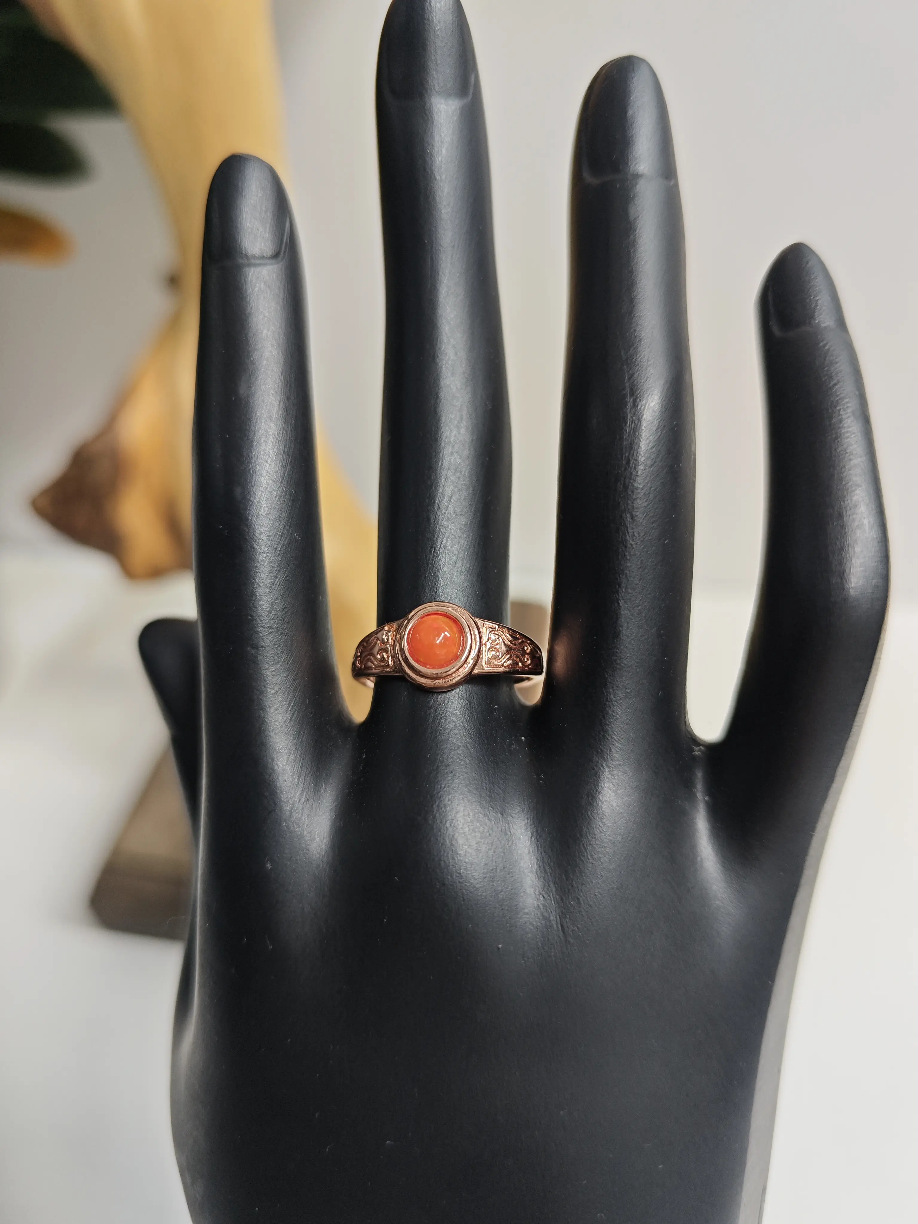 Raya(11655)gc.Sunset Ember Ring - Round Orange Red Gemstone in Ornate Gold-Tone Setting