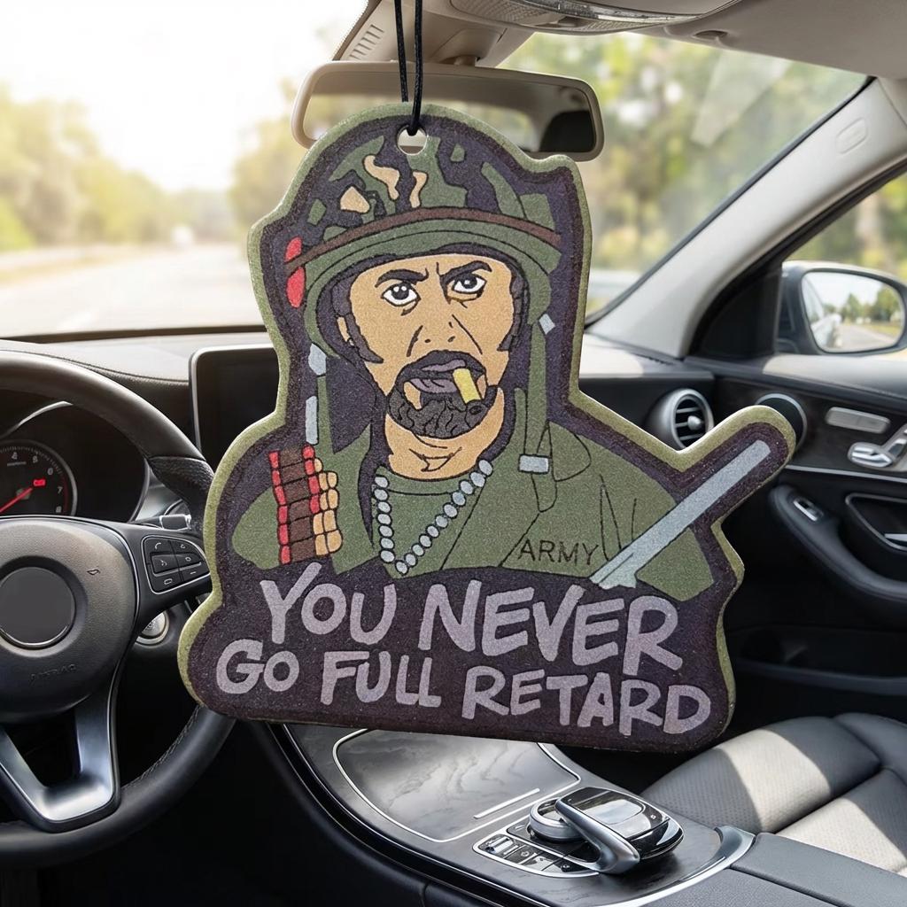 Novelty Car Air Freshener, Tropic Thunder "You Never Go Full Retard" Quote, Long Lasting Scent Pendant, Funny Military Man Cartoon Hanging Ornament for Car Interior Decor