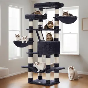 Tree, 68 inch Multi-Level  Tower for Indoor Cats, 2 Widened Plush Perches  Condo with  Board and Big Caves, Smoky Gray HCT025G
