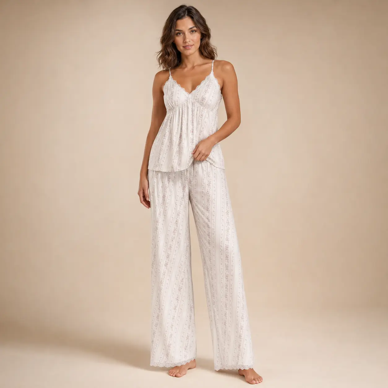 Floral Print Lounge Set for Women, 2-Piece Pajama Set with Lace Trim V-Neck Cami and Wide Leg Pants, Pj Sets For Women, Wide Legs