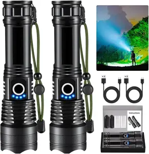 2 Pack Strong Flashlights - LED Digital Display of Power, USB Rechargeable, Zoomable, IP65 Waterproof, Adjustable Brightness, 5 Modes Super Bright Handheld Torch Flashlights, High Lumens Tactical Laser Flashlights for Outdoor Emergency Signaling & Camping
