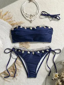 SaltVelvet 2026 Womens Textured Halter Bikini Set with Shell Strap Decor, Sexy 2 Piece Solid Color Swimwear for Summer Beach Vacation, Handmade Shell Detail Swimsuit for Pool Party & Resort Wear
