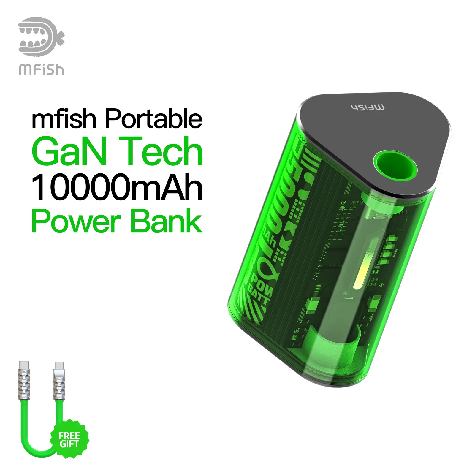 mfish Portable Charger Power Bank GaN Tech 10000mAh with 20W Fast Charging and Built-in Type-C Cable in Green - Chargeable, Accessories