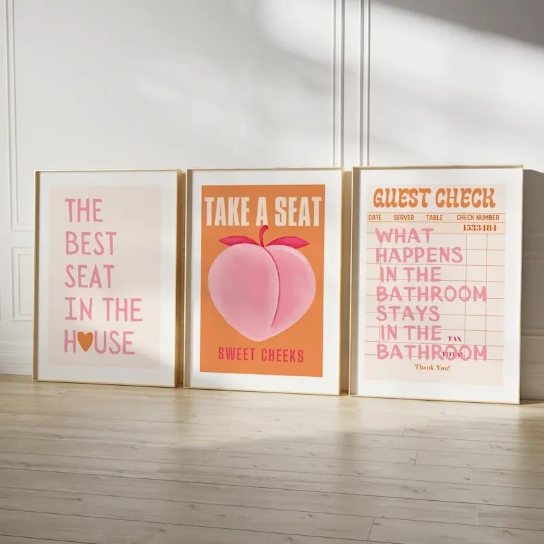 Take a Seat Sweet Cheeks Poster  Funny Bathroom Prints Set Of 3 Ticket Bathroom Wall ArtRetro Bathroom Funny Bathroom Nice Bum Art |Frameless Poster