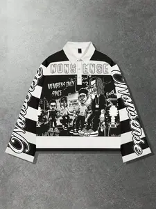 Men's Long Sleeve Cartoon Graffiti Print T-Shirt, Striped Colorblock Loose Fit Casual Top, Summer Fall Streetwear Trendy Tee Menswear