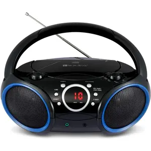030C Portable CD Player with AM FM Stereo Radio, Aux Line in, Headphone Jack, Powered by AC or Battery (Black with a Touch of Blue Rims)