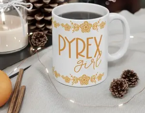 Pyrex Girl Mug, Retro Coffee Cup with vintage Pyrex Golden Butterfly Design, Gift for Pyrex Collector, Kitchen Decor, Tea Mug, Ceramic