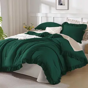 Dark Emerald Green Comforter Set Queen, 3 Pieces Ruffle Farmhouse Bedding Set for Queen Bed, Lightweight Soft Ruffled Bed Comforter Set for All