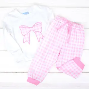 Bow Applique Pink Gingham Jogger Set for Girls