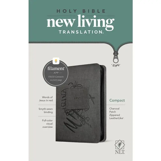 NLT Compact Zipper Bible, Filament Enabled (Leatherlike, Charcoal Patch, Red Letter) -- New Living Translation - Bible