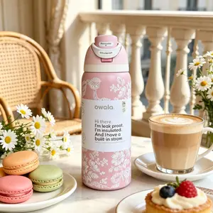 Owala FreeSip 32oz Pink White Lace Bow Insulated Bottle Soft Sweet Style, Portable & Leak-Proof for Student & Commute Use floral print water cups