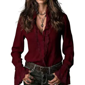 Chvity Women's Vintage Ruffle Lace Detail Long-Sleeve Collared V-Neck Bell-Sleeve Polyester Blouse - Casual Elegant Basic Shirts, Women's Tops