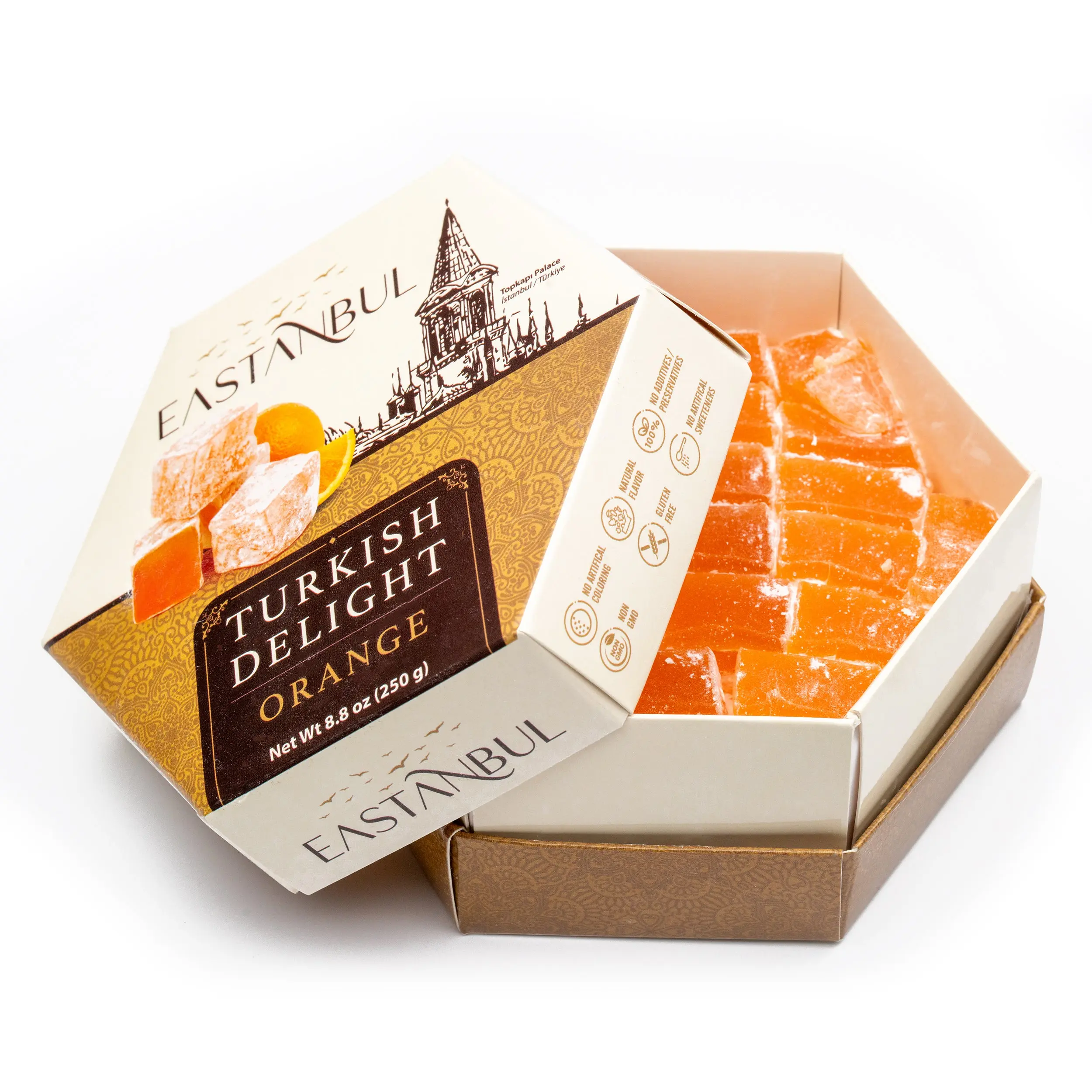 Eastanbul Turkish Delight Orange Flavor, 8.8oz Lokum Candy, Citrus Dessert, Nut-Free Vegan Gluten-Free Turkish Candy Gift Box | Mother’s Day Gift Sweet Variety Gifts