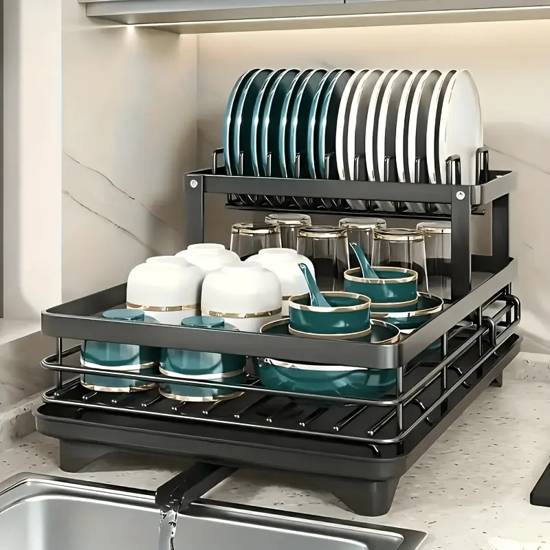 This Double-Layer Metal Kitchen Countertop Dish Rack Is Space-Saving And Durable. It Comes With A Knife And Fork Holder, Cup Holder, Cutting Board Holder, And Rust-Proof Drain Tray. Kitchen Storage Items Help You Keep Your Kitchen Neat And Organized.
