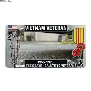 Vietnam Veteran License Plate Frame, Metal Car Tag Holder with Saluting Soldier, Poppy & US Flag, Durable Chrome, Perfect for Honoring Vets & Showing Patriotism on Your Vehicle