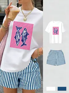 Women's Casual Short Sleeve T-Shirt and Shorts Set, Outfits, Geometric Print Striped Shorts, Comfortable Breathable Fabric, Spring Summer