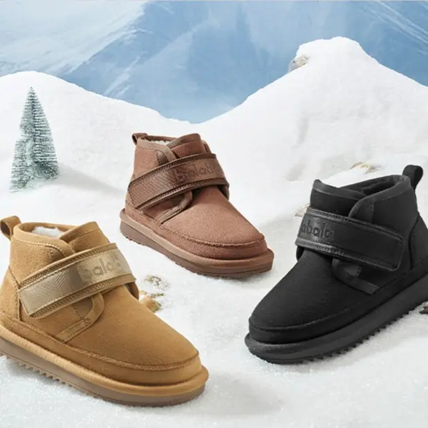 Balabala Kid's Girls' Coffee Winter Ankle Boots (5-6 Years) - Water-Repellent Suede, Round Toe, 800g Insulated Thermal Lock Plush Fleece Lining, Slip-Resistant Flat Sole, Easy Velcro Closure, Casual Stylish Design
