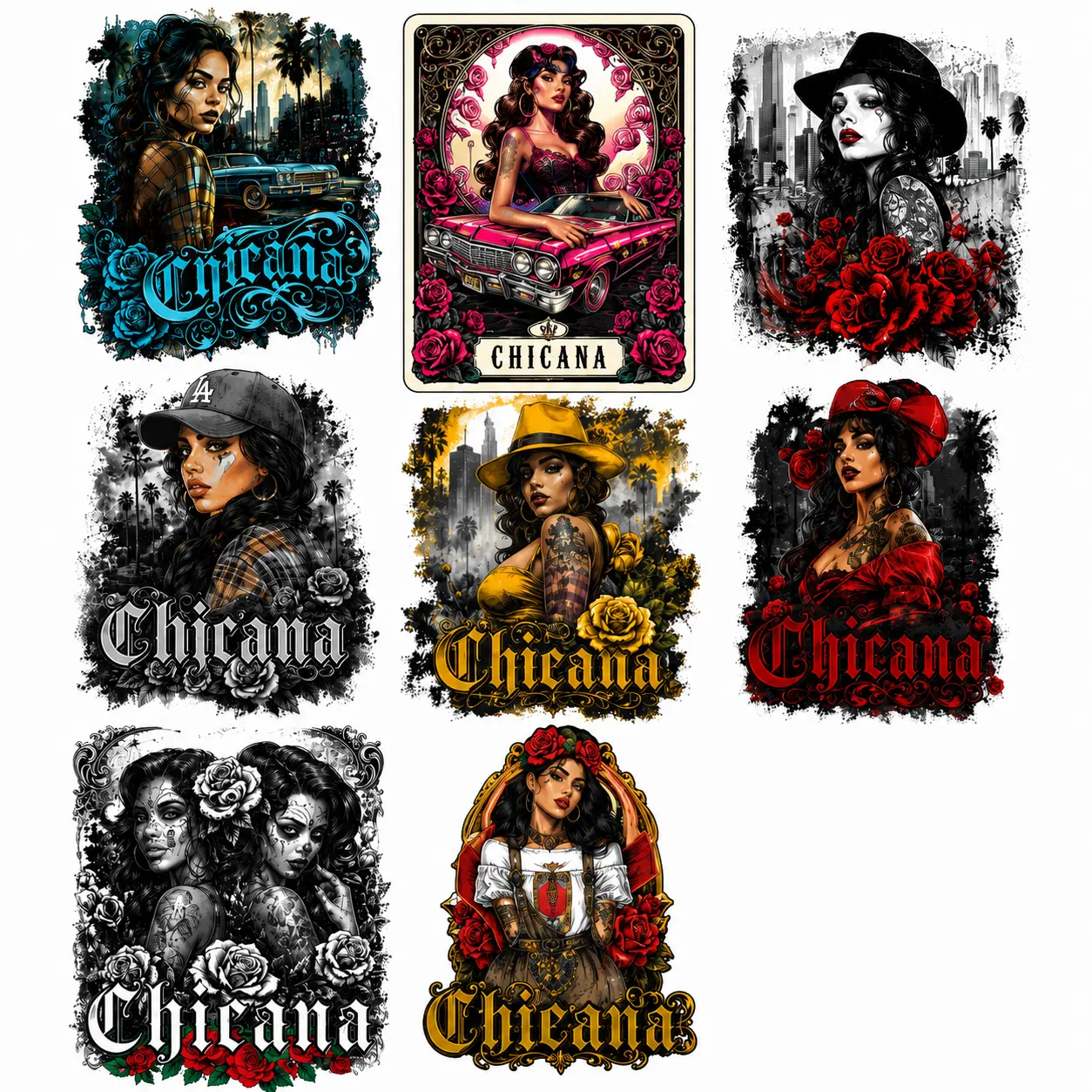 Premade Chicana 1 Halftone DTF transfers | Ready to press | Direct to film Transfer | Quick shipping| Premade gang sheet
