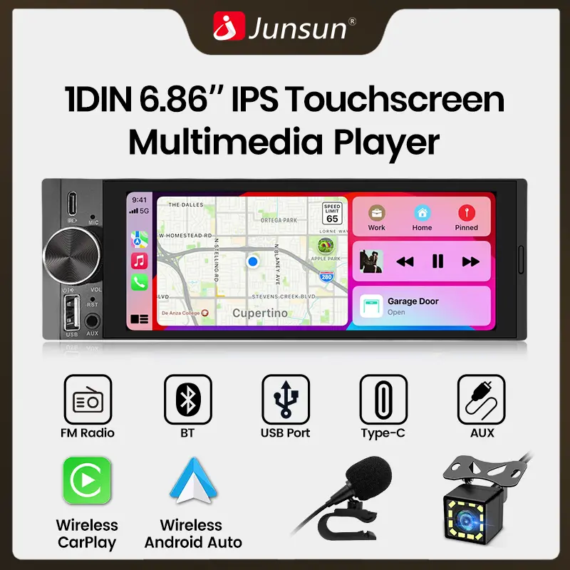 Junsun Single Din Car Stereo Radio with Wireless CarPlay & Android Auto, 6.36 Inch IPS Touch Screen Head Unit with Backup Camera/External Microphone, Car Radio Supports Bluetooth/SWC/FM/USB/TF