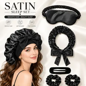 5Pcs Satin Sleep Set for Women, Luxury Hair Care Set with Satin Bonnet, Sleep Mask, Heatless Curling Rod, Hair Clip & Scrunchie, Overnight Hair Styling Kit for Smooth Hair, Frizz Control, Beauty Sleep & Self Care