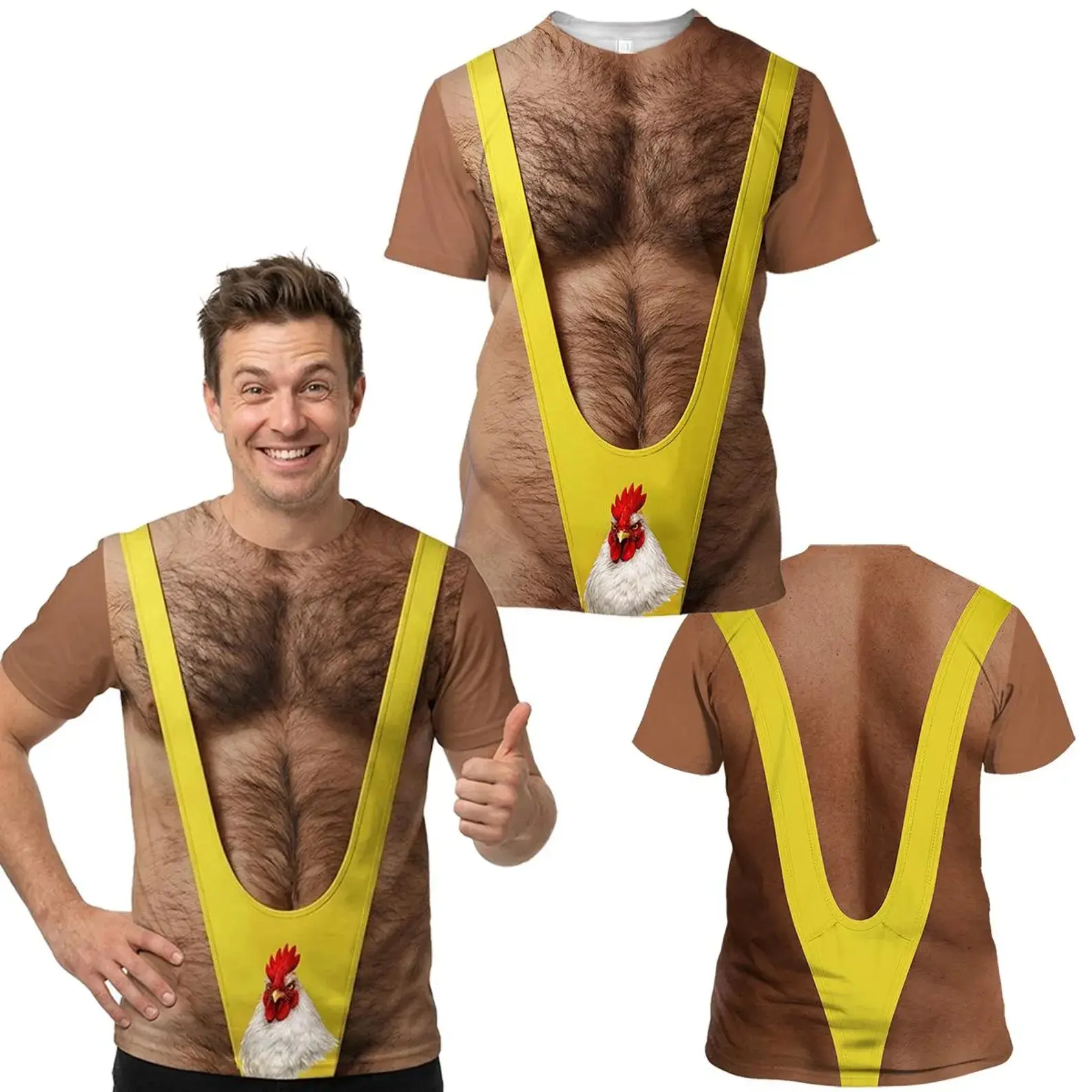 Funny 3D Graphic T-Shirt for Men Women, Muscle Chest Hair Costume Shirt, Novelty Gag Gift Tee, Party Outfit Halloween Shirt