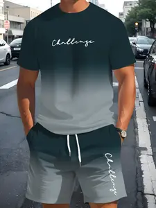 Men's Fashion Short Sleeve & Shorts Set, Spring & Summer 3D Gradient "Challenge" Letter All-Over Print Regular Short Sleeve Outfit, Crew Neck T-Shirt & Shorts, Minimalist Casual Apparel for Adults, Ideal Gift Set