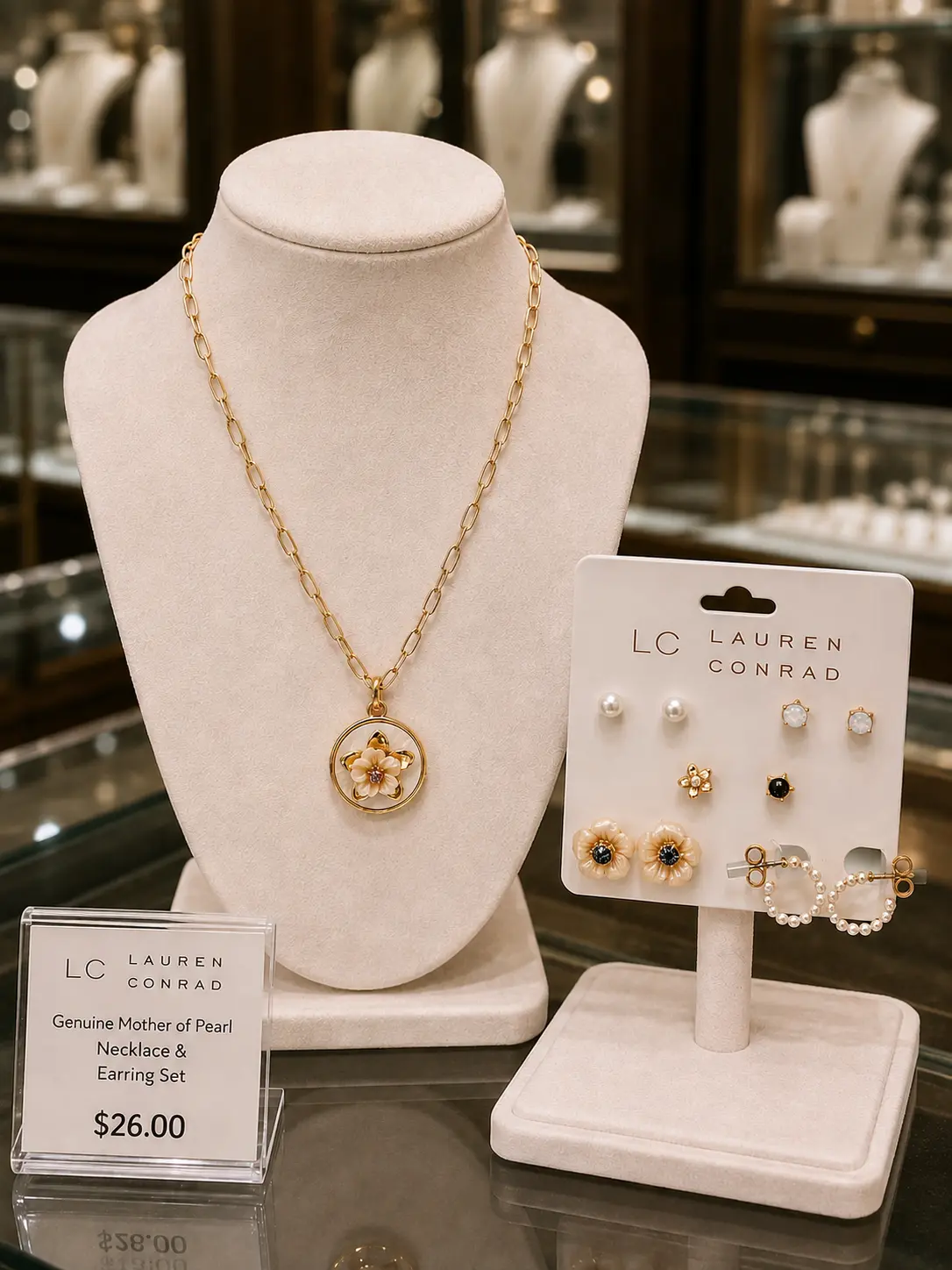 Women's LC Lauren Conrad 11-Piece Costume Jewelry Set - Gold-Tone Mother of Pearl Flower Necklace, 10-Pair Studs & Hoop Earrings for Wedding, Feminine