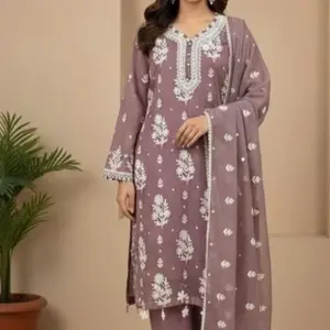 Party Wear Chiffon Embrioded Dresss Lining Attach Shirt and Sleeves with Pull on Trouser and chiffon dupata Womenswear Formal