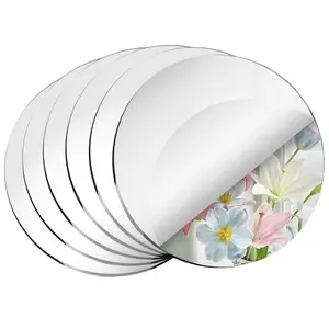 Decorative tray set, 6-piece set, 25cm silver circular acrylic mirror tray, candle holder, suitable for dining table center decoration, wedding decoration, birthday, party decoration, photography props, with anti slip pad