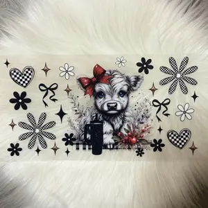 Highland Cow Red Bow -UVDTF Wrap 16oz Cup Wrap Decorative Stickers Waterproof  Glass UVDTF transfer