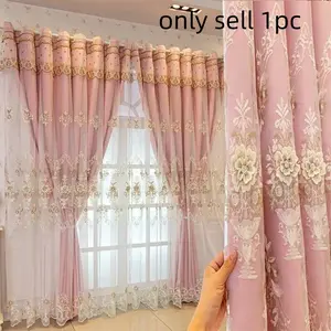1pc French Vintage Double Layer Full Shade Curtain Replacement, Blackout Window Cover, Lace Trim & 3D Flower Decor, Ideal Home Decoration for Living Room & Bedroom