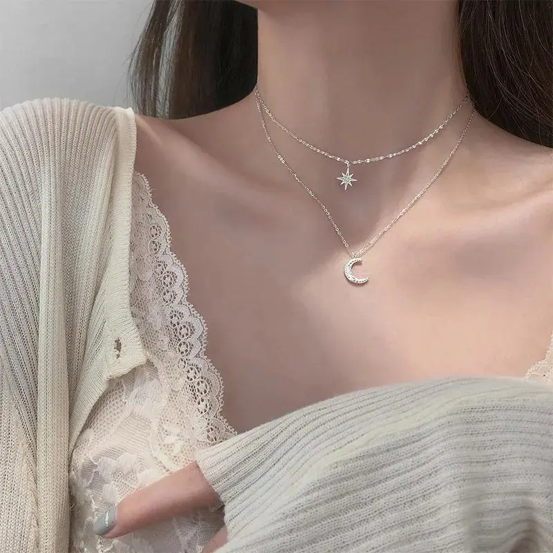 Celestial Zirconia Double Layer Necklace - Star & Crescent Pendant Elegant Fashion Jewelry for Women Sparkling Zirconia Stones Perfect Gift for Adults