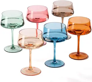 Hand Blown Colored Coupe Glasses Set of 6-13oz large  Martini,  & Champagne Glasses -Cute & Colorful  Glassware- for Bar, , Martinis-Wedding Gifts