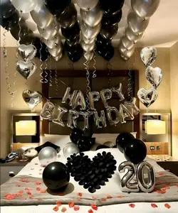 1050 pieces of black and silver party balloons decorated with silver happy birthday banners, chrome latex heart-shaped foil, 1000 pieces of black rose petals, perfect set for occasions such as birthdays, weddings, anniversaries, etc. Gift for boyfriend