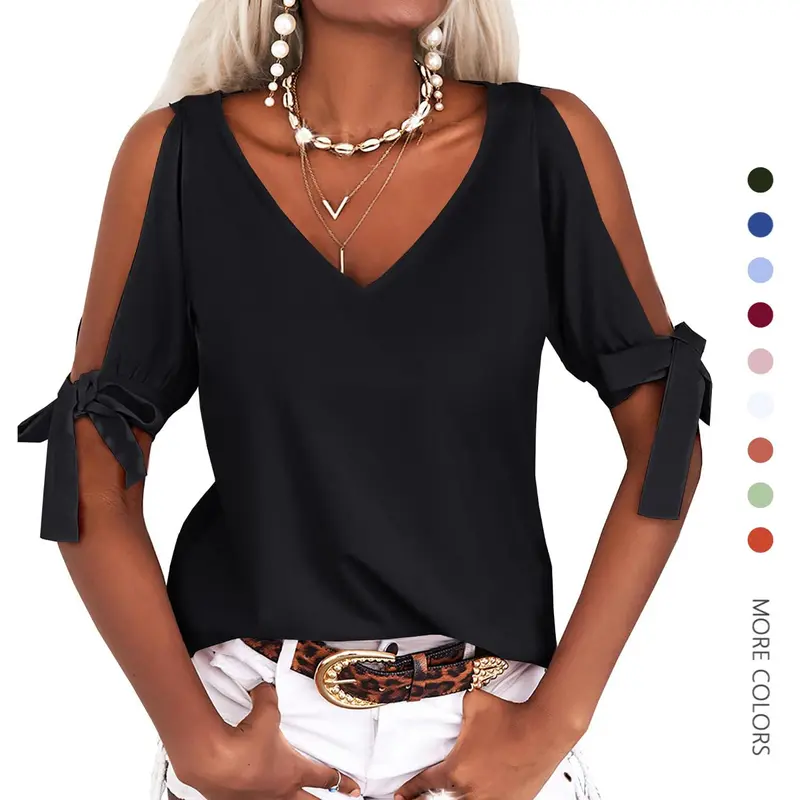 Women's Cold Shoulder Soft Polyester Blouse - Dressy Casual Deep V-Neck Short Sleeves Summer Tshirt with Airy Cutout Tie Details, Loose Fit (Coffee Date Outfit, Party; Pair with Leggings, Skinny Pants)
