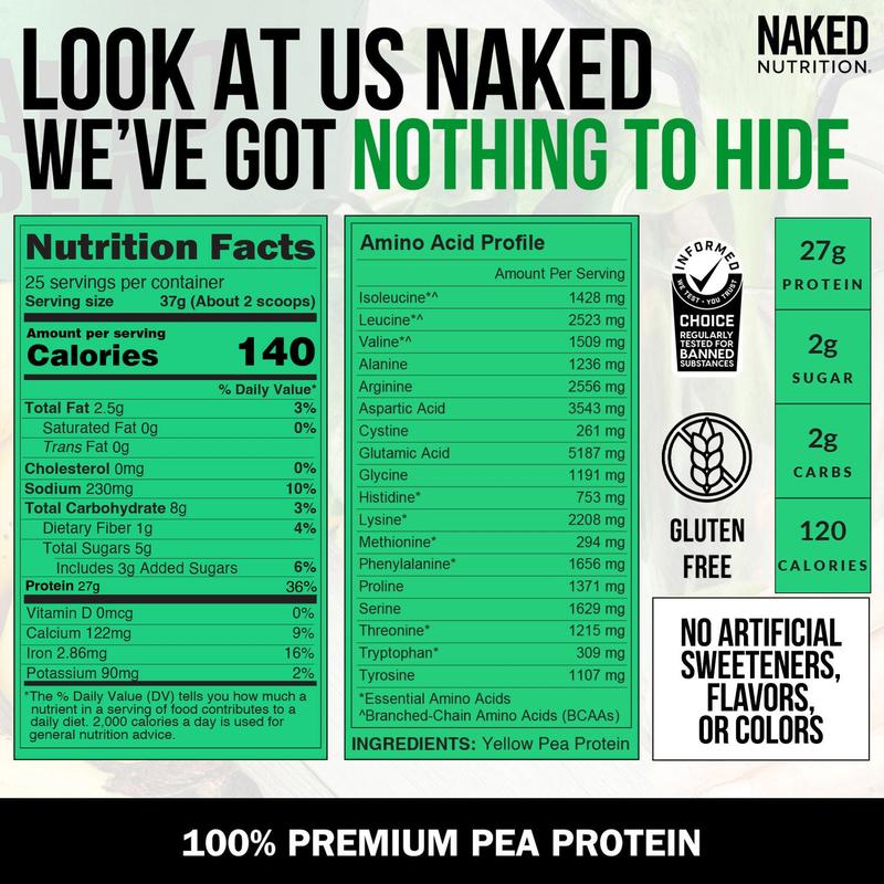 Naked Pea 100% Premium Pea Protein Powder 2LB - US Grown, Additive-Free, Vegan - 18g Protein, 2g Carbs - Only 1 Ingredient