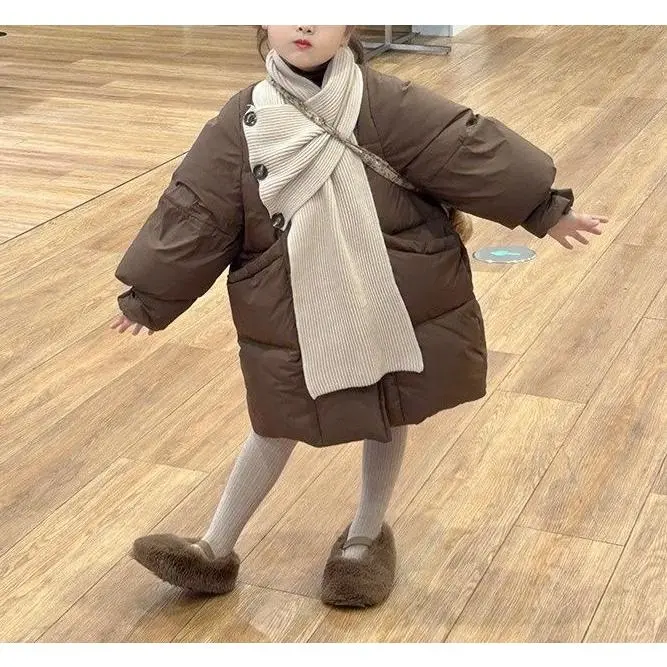Girls' Thick Cotton Puffer Jacket, Solid Color Long Sleeve Outerwear with Round Neck for Autumn Winter, Plain, Casual Wear