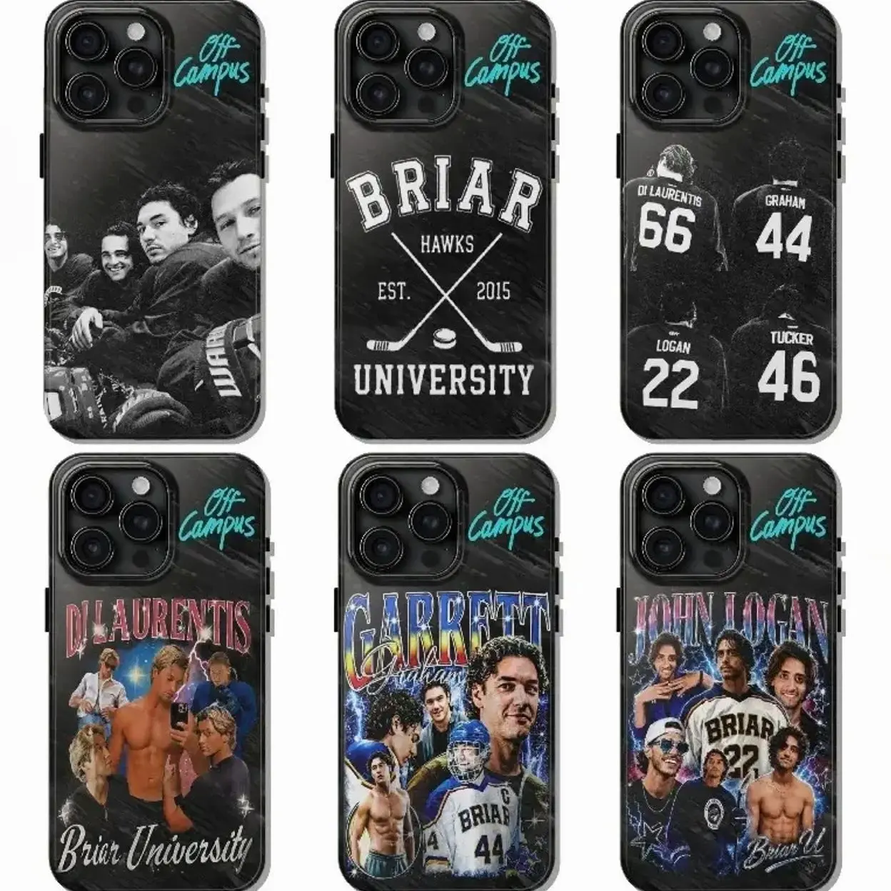 Malone's Bar (Off-Campus) Phone Cases — Romance Series: Graham, Logan, Tucker, & Di Laurentis Protective Covers. Compatible with iPhone 11–17 Pro Max/Plus Series and Samsung Galaxy S23–S25 Series.