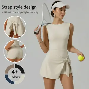 Womens Sleeveless Tennis Dress High Stretch Knit Fabric Ruffle Side Slit Yoga Golf Athletic Sportwear Built in Shorts Machine Washable